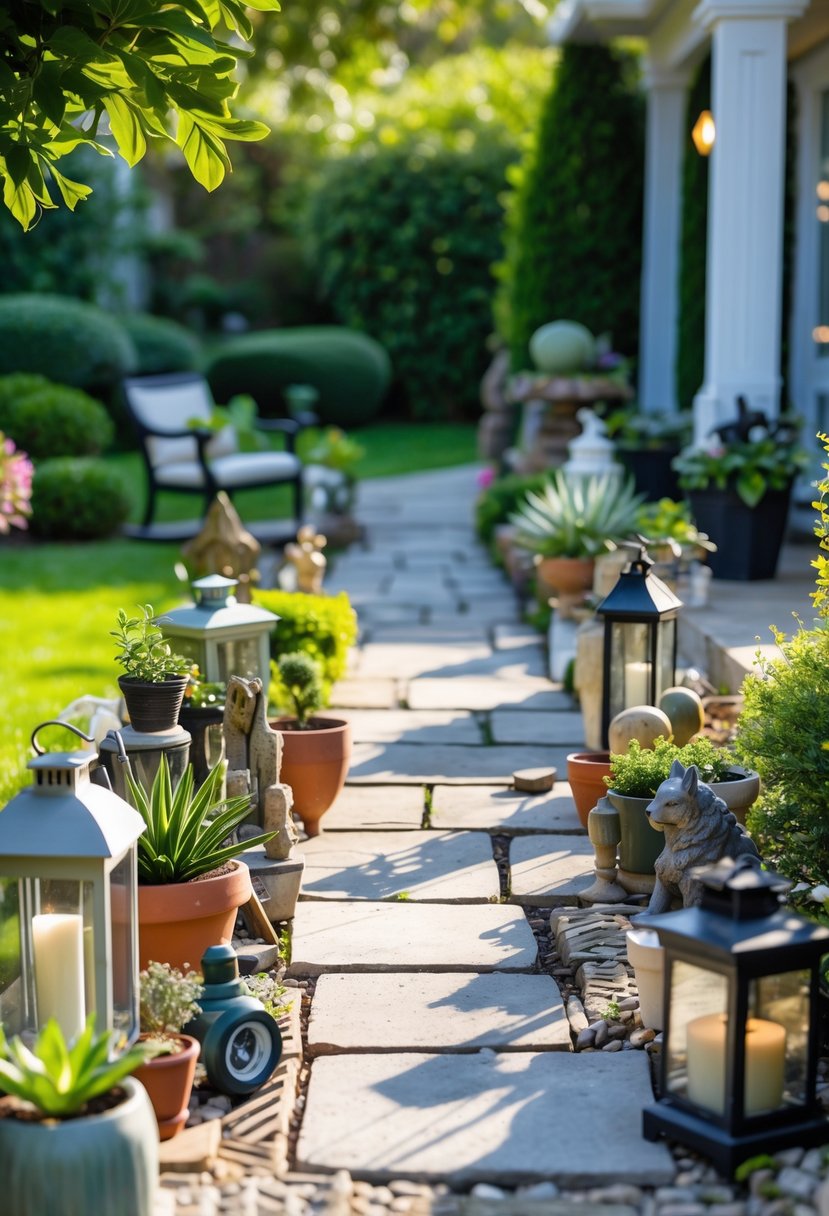 A cluttered outdoor walkway blocked by numerous decorative items including plants and statues, making the path hard to walk through.