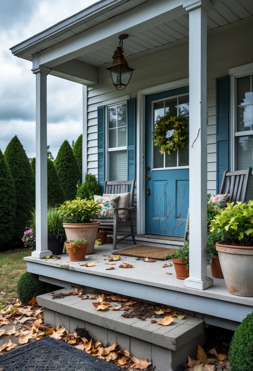 A front porch with peeling paint, wilted plants in cracked pots, scattered dead leaves, rusty light fixture, worn furniture, and overgrown bushes showing signs of neglect.