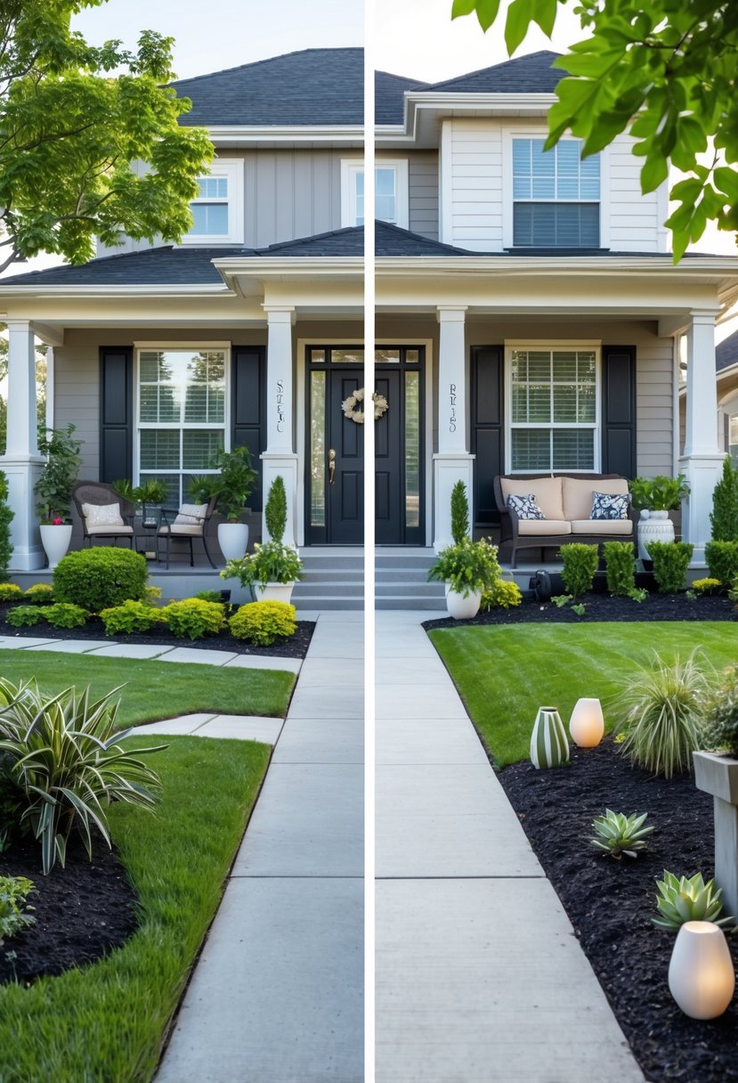 Front view of a suburban home showing a neat walkway, well-kept lawn, and tasteful outdoor decorations on one side, contrasted with cluttered and neglected decor on the other side.