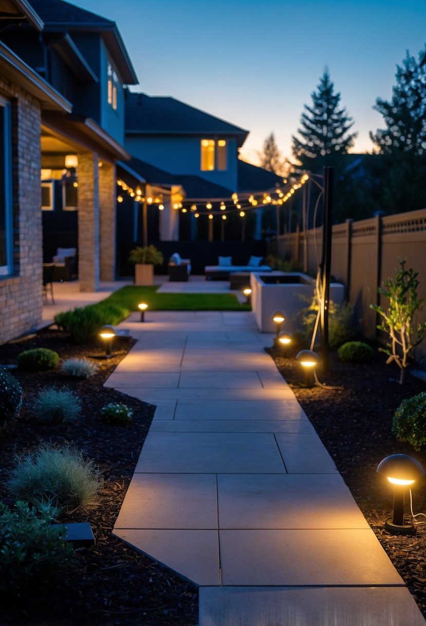 A backyard at dusk showing various outdoor lighting issues such as harsh floodlights, glare from garden lights, tangled wires, and unevenly lit pathways.