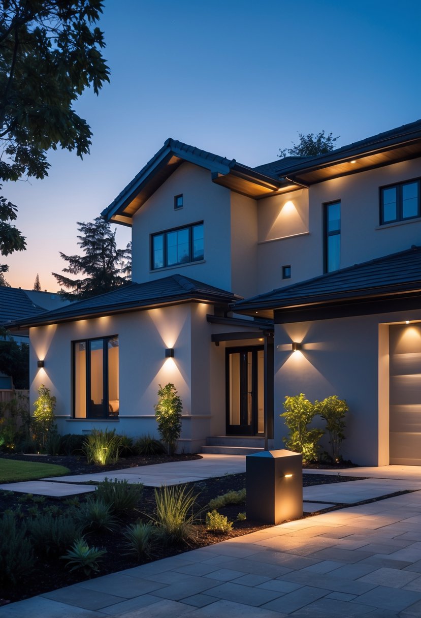 A modern home exterior at dusk with various outdoor lights installed unevenly, creating harsh shadows and glare.