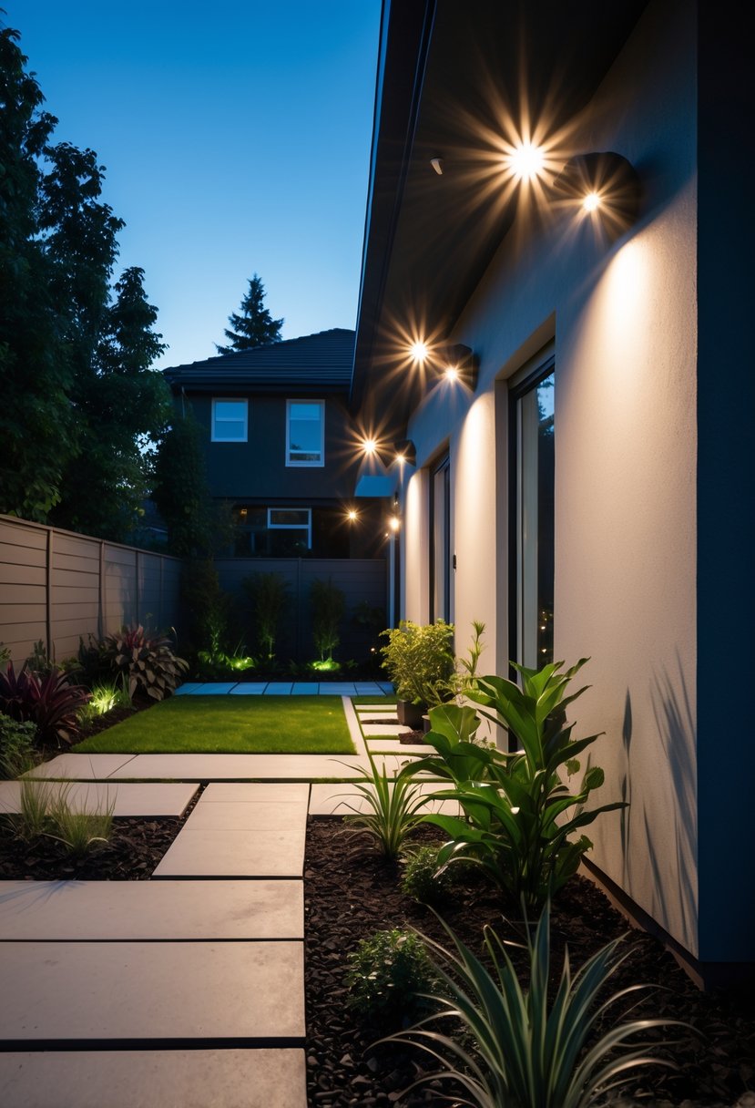 A backyard at dusk with outdoor lights causing glare and uneven lighting on the patio and garden.