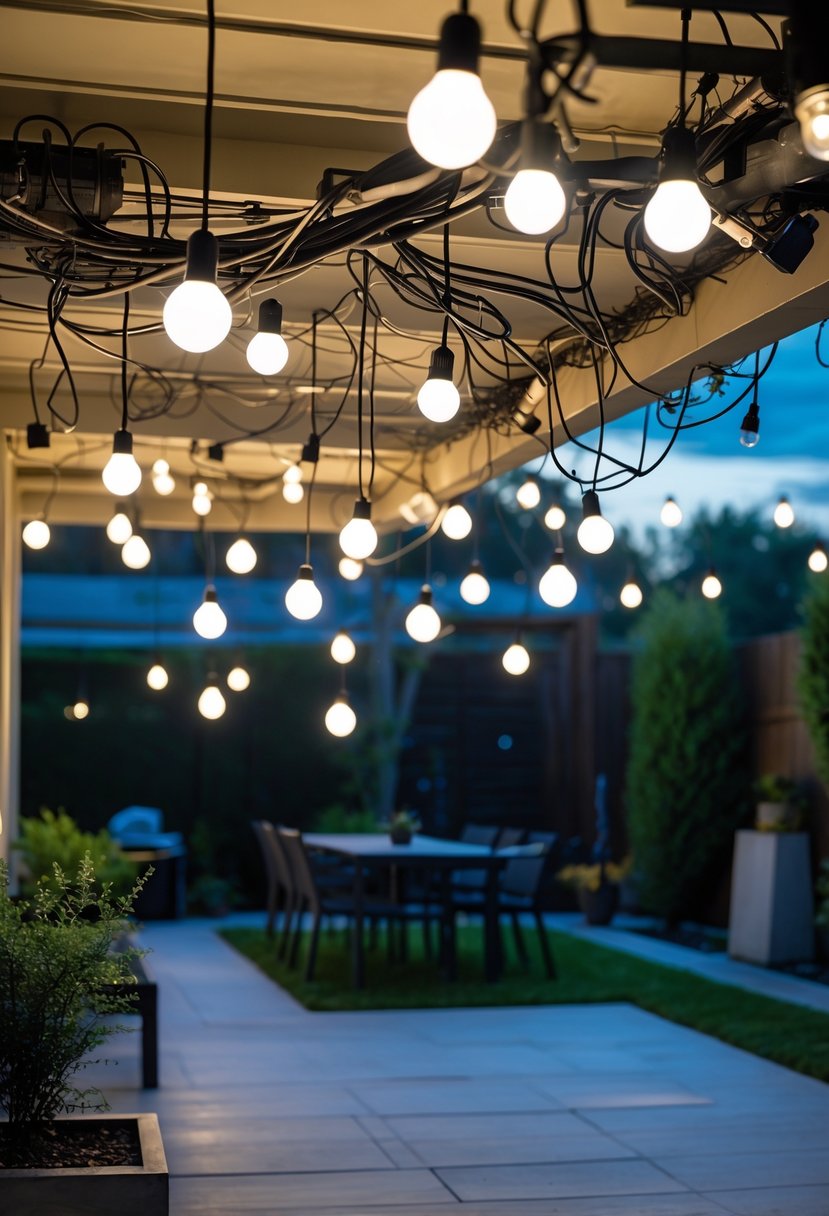 An outdoor patio at dusk with multiple exposed and cluttered light fixtures creating a messy appearance.