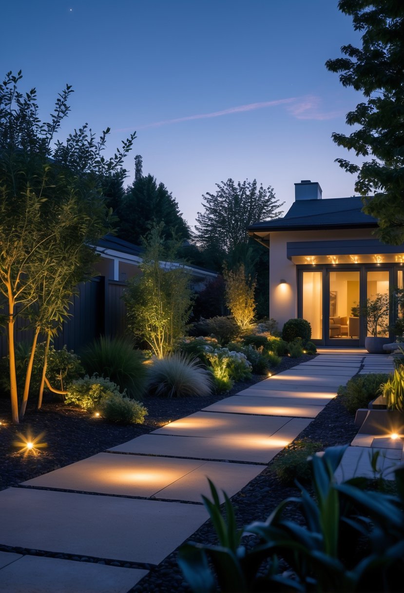 A residential garden at twilight with soft outdoor lighting illuminating pathways and plants around a modern house.