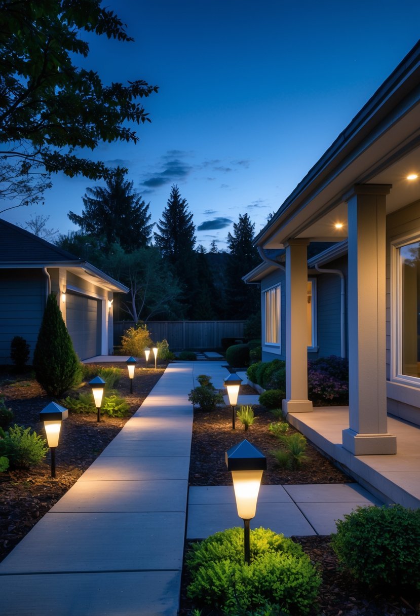 An outdoor scene at dusk showing a house with various outdoor lights, some overly bright or poorly positioned, illuminating the porch, pathway, and garden unevenly.