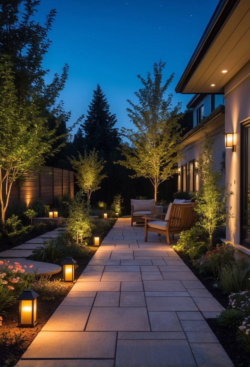 A garden patio at dusk with warm outdoor lights illuminating pathways, trees, and a modern house in the background.