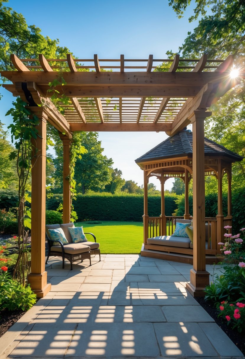 An outdoor garden scene showing a wooden pergola with climbing plants on one side and a gazebo with a solid roof and railings on the other, both with seating and surrounded by greenery.