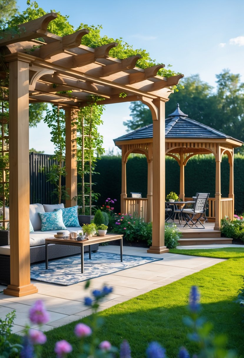 An outdoor living space with a wooden pergola and a nearby gazebo surrounded by plants and garden furniture.