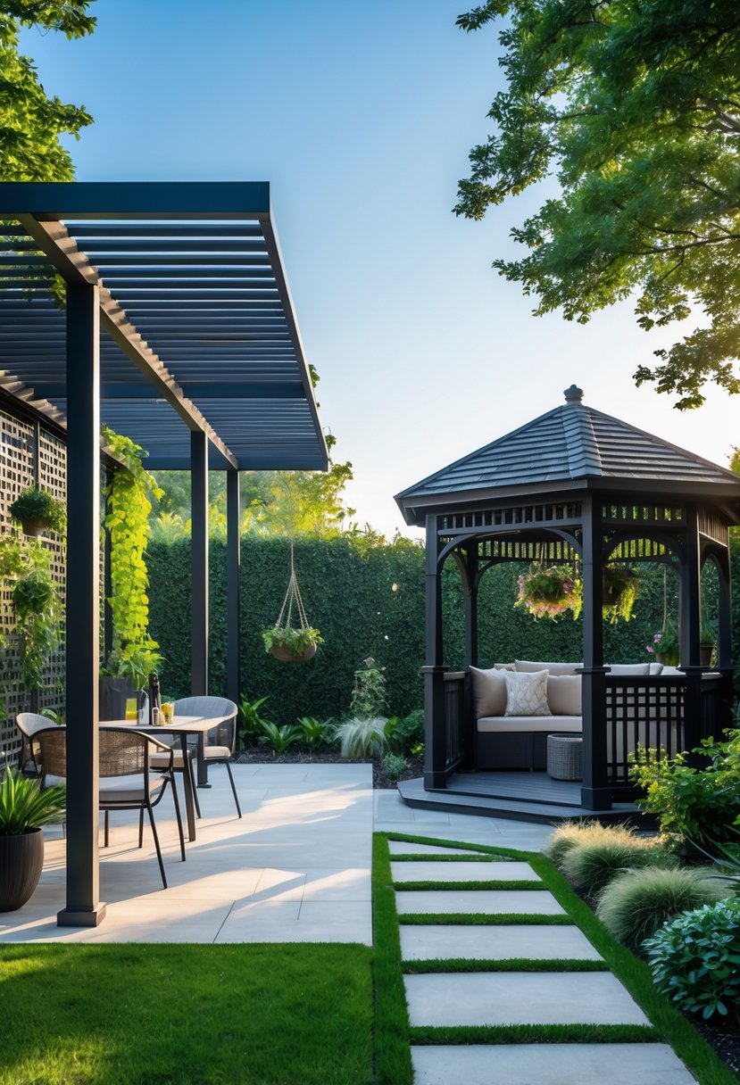A backyard showing a pergola with open slats and climbing plants on one side and a gazebo with a solid roof and lattice walls on the other, surrounded by green plants and garden paths.