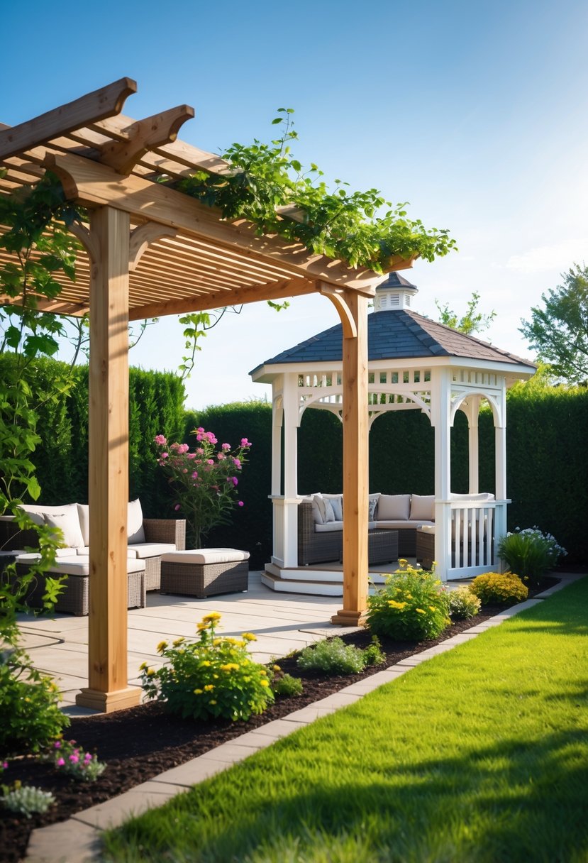 A backyard showing a wooden pergola with vines next to a white gazebo with outdoor seating surrounded by grass and flowers under a clear sky.