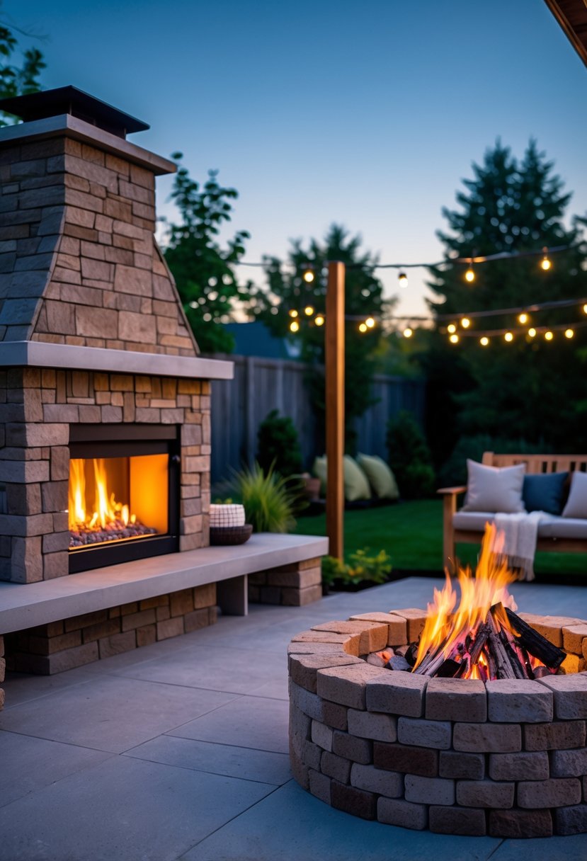 Backyard scene showing a stone outdoor fireplace with fire on one side and a brick fire pit with glowing embers on the other, surrounded by seating and greenery.