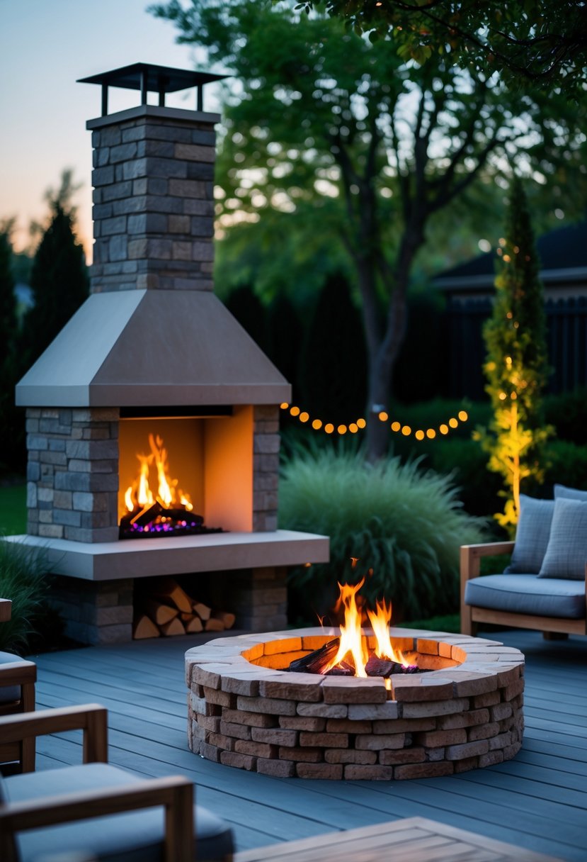 An outdoor backyard scene featuring a stone fireplace and a circular brick fire pit with seating around them.