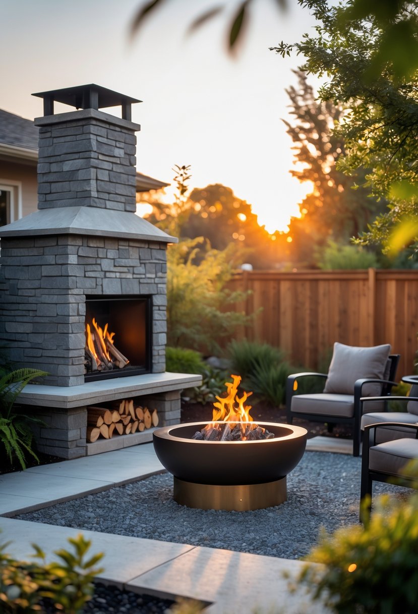A backyard with a stone outdoor fireplace and a circular fire pit surrounded by chairs, set among green plants and a wooden fence.