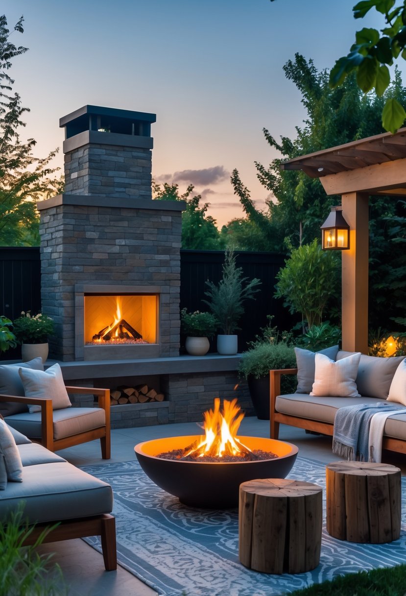 Outdoor living space featuring a stone fireplace with fire and a circular fire pit surrounded by seating and greenery at dusk.
