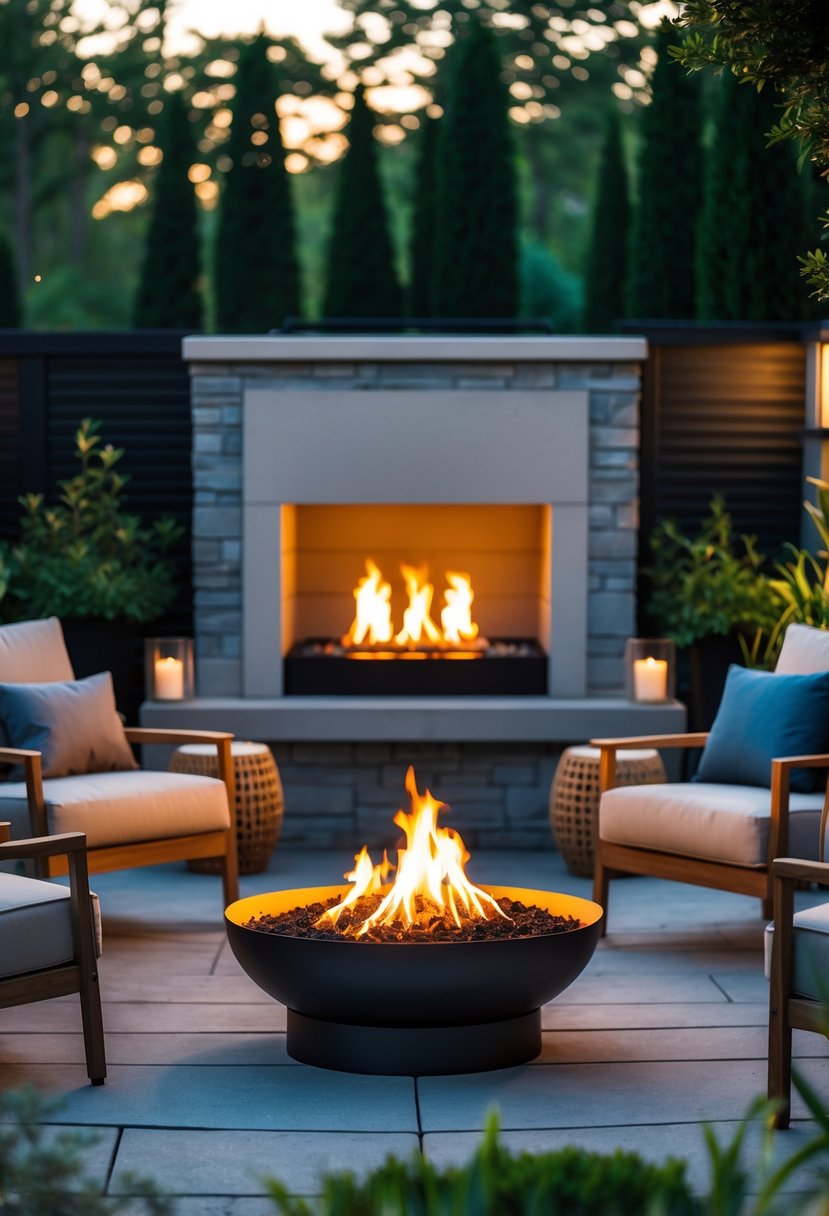 Outdoor backyard showing a stone fireplace and a round fire pit, both lit with flames, surrounded by seating and greenery.