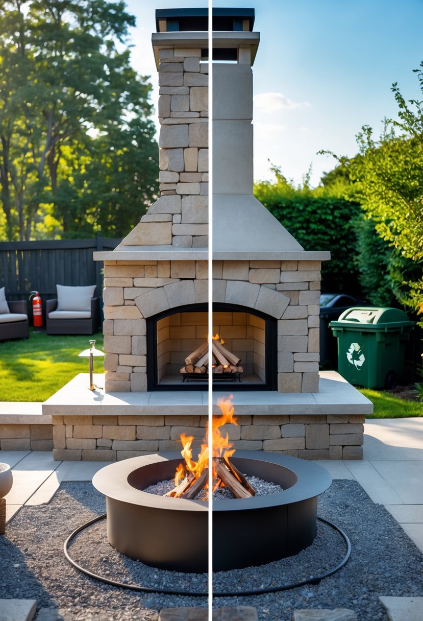 Outdoor backyard showing a stone fireplace and a metal fire pit side by side with safety features and greenery around.