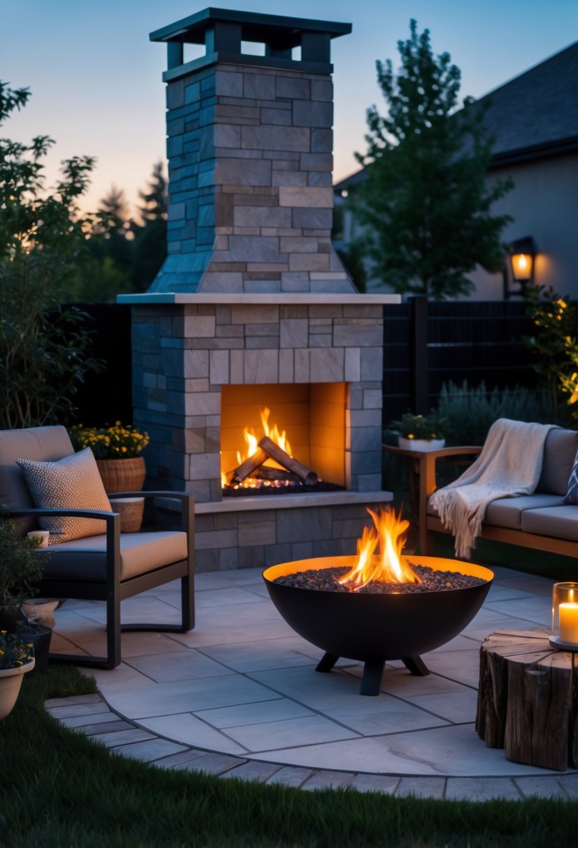 Outdoor backyard scene showing a stone fireplace with fire and a metal fire pit with flames, surrounded by seating and garden greenery at dusk.