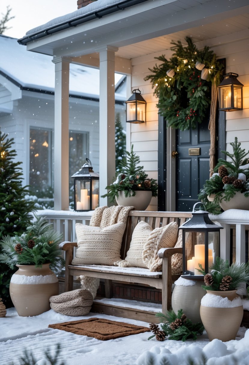 Snow-covered front porch decorated with blankets, cushions, lanterns, pine cones, and winter greenery, creating a cozy outdoor winter scene.