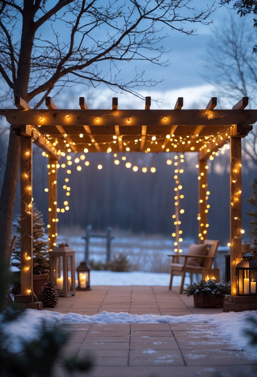 Outdoor winter scene with string lights hanging across pergolas and trees, creating a warm and cozy atmosphere.