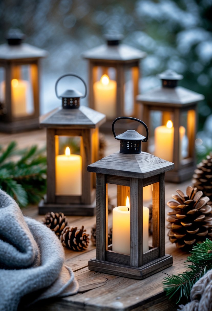 Rustic wooden lanterns with glowing LED candles arranged outdoors with pine cones and evergreen branches.