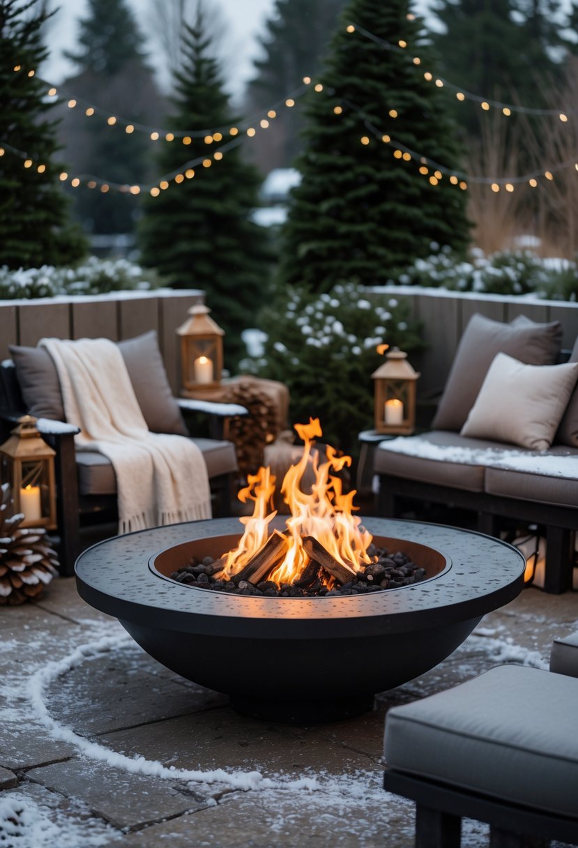 Outdoor fire pit surrounded by cushioned weatherproof seating with blankets and winter decorations in a snowy setting.