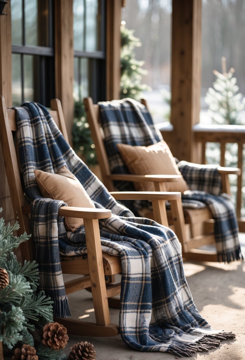 Wooden chairs outdoors with plaid throw blankets draped over them, surrounded by winter decor and natural elements.
