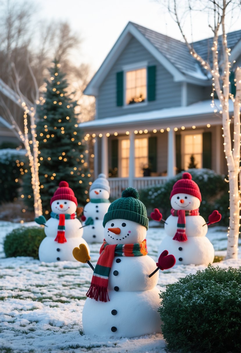 A front yard decorated with several snowman lawn ornaments surrounded by snow and evergreen plants, with a house visible in the background.