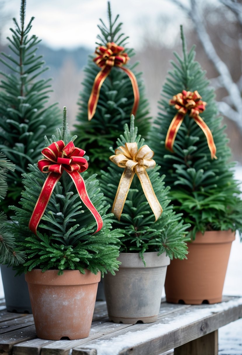 Several potted evergreen plants decorated with seasonal ribbons outdoors in a winter setting.