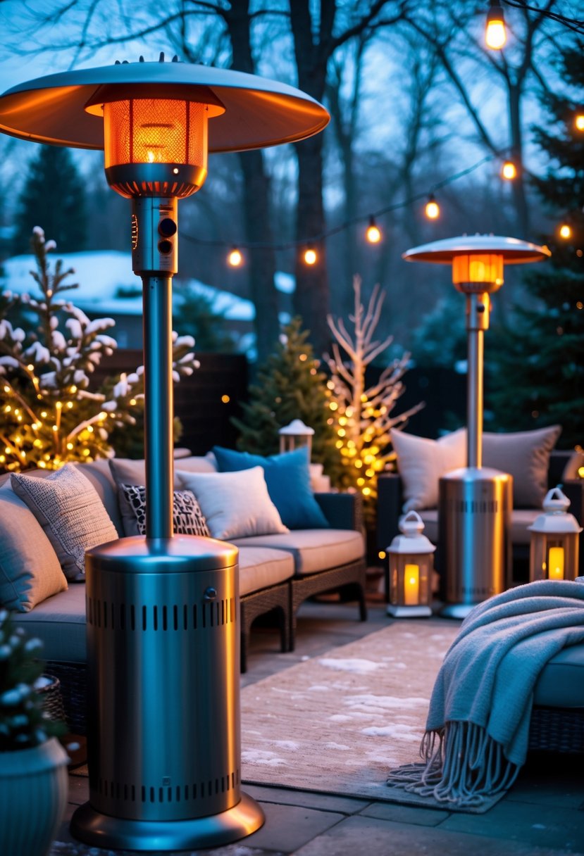 Outdoor patio at dusk with heated patio heaters, comfortable seating, and winter decorations.