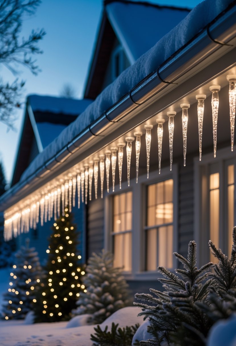 A cozy winter home exterior with twinkling icicle lights hanging from the rooflines and snow on the ground.