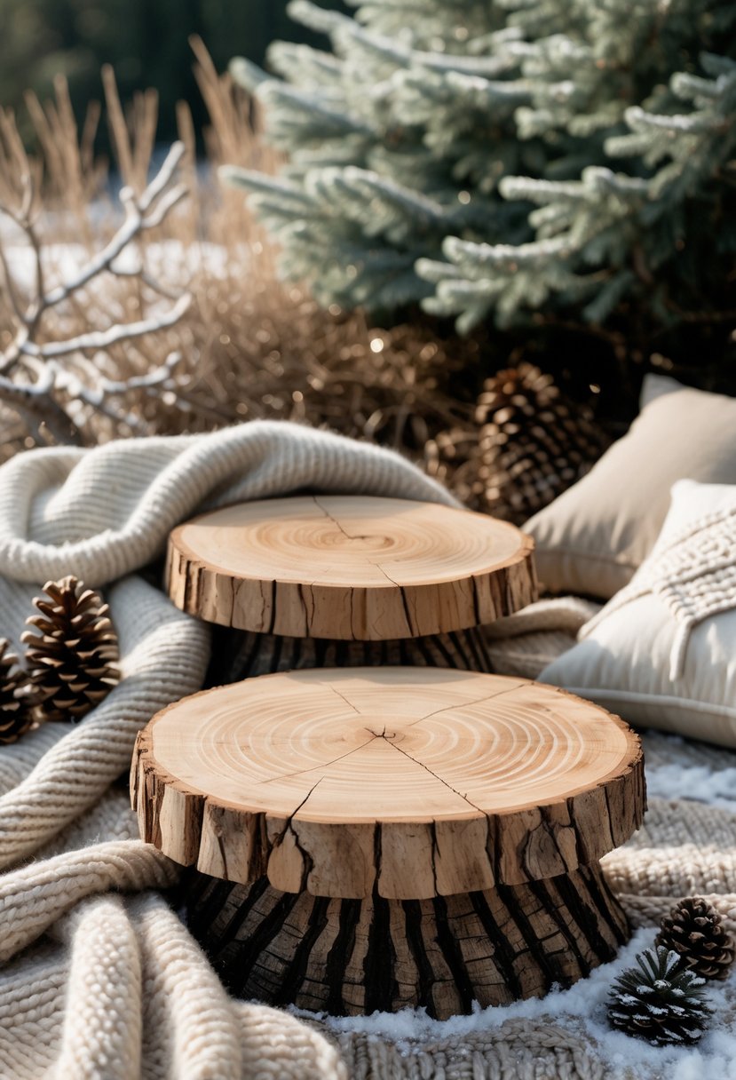 Two natural wood slice side tables outdoors surrounded by winter decorations including pine branches, pine cones, and soft blankets.