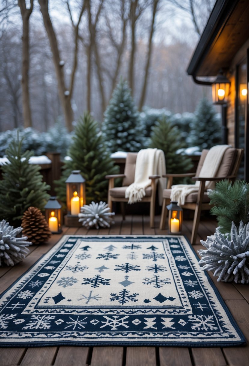 Outdoor rug with winter patterns on a wooden deck surrounded by pinecones, evergreen branches, lanterns, and blankets with a snowy garden in the background.