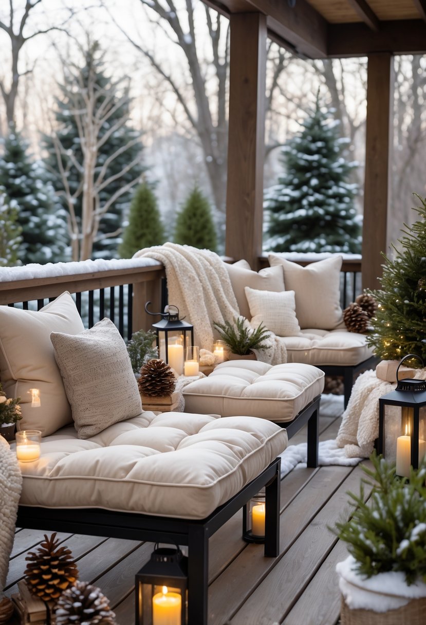 Weather-resistant cushioned benches on a snowy outdoor patio surrounded by winter decorations like blankets, lanterns, and evergreen plants.