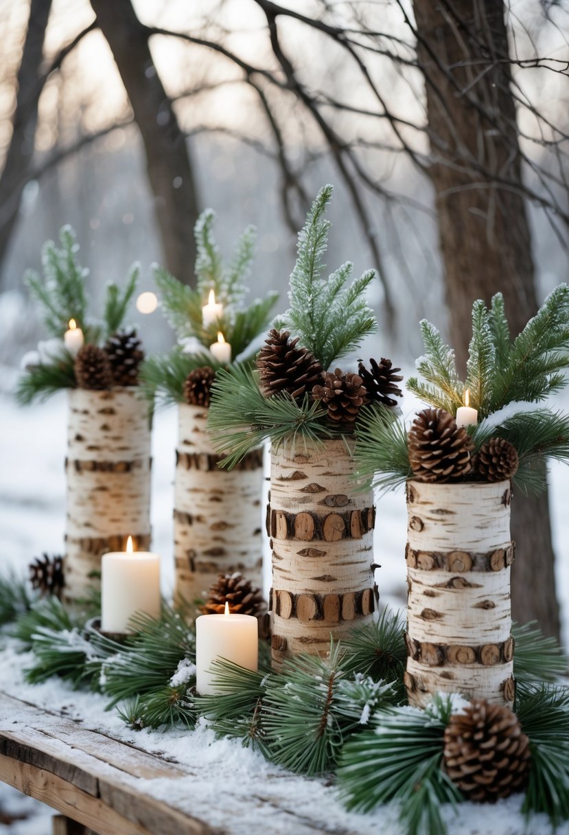 Birch log centerpieces with pinecones and candles arranged on a snowy wooden table outdoors in winter.