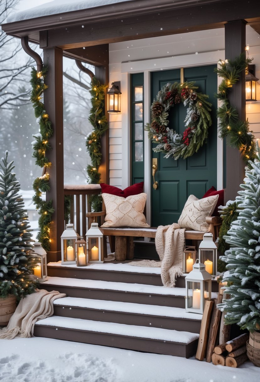 A snow-covered porch decorated with pine garlands, glowing lanterns, a wreath on the door, and cozy cushions and blankets on a wooden bench.