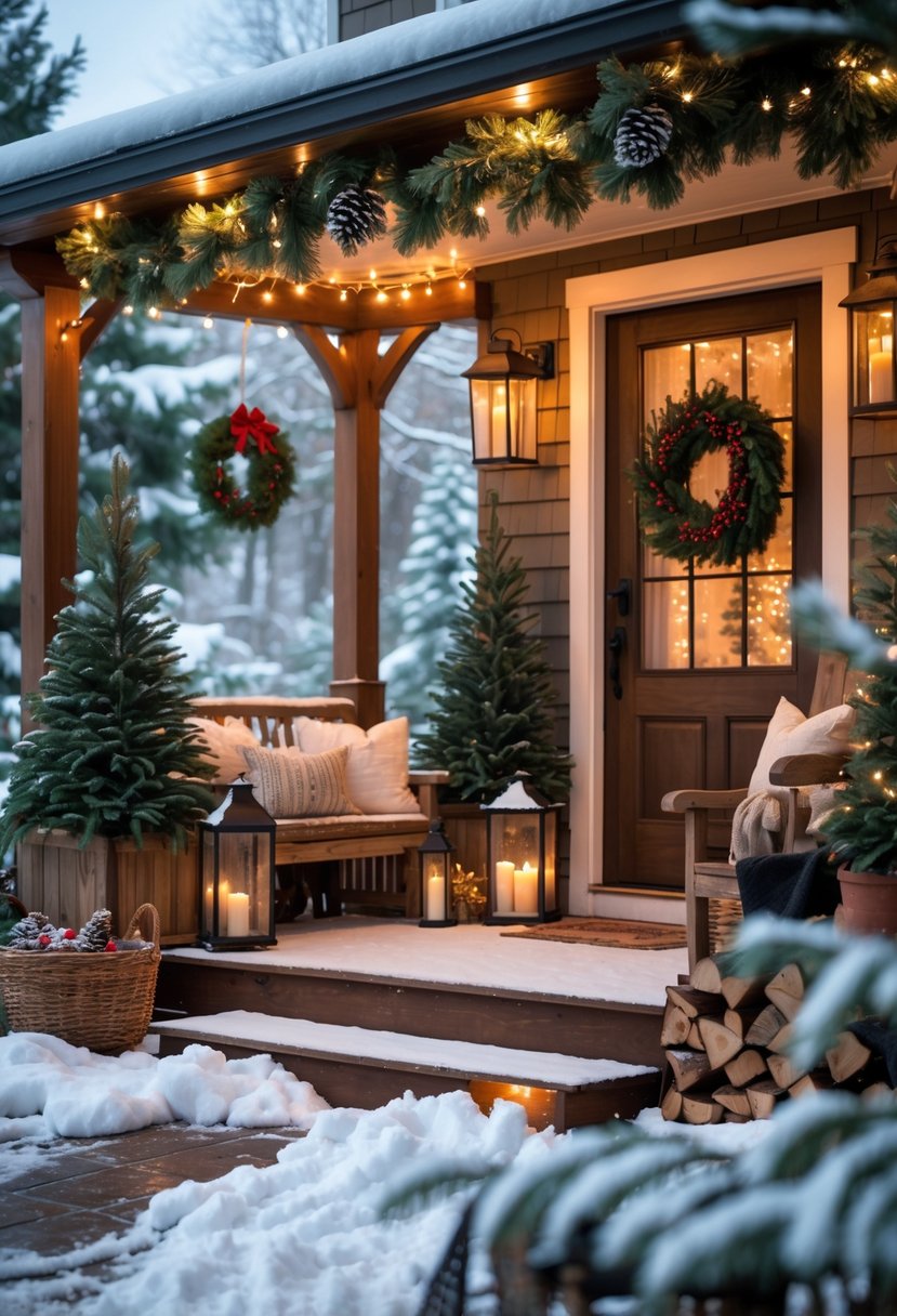 A cozy winter outdoor porch decorated with evergreen wreaths, pine cones, lanterns, and soft lighting with snow gently falling.