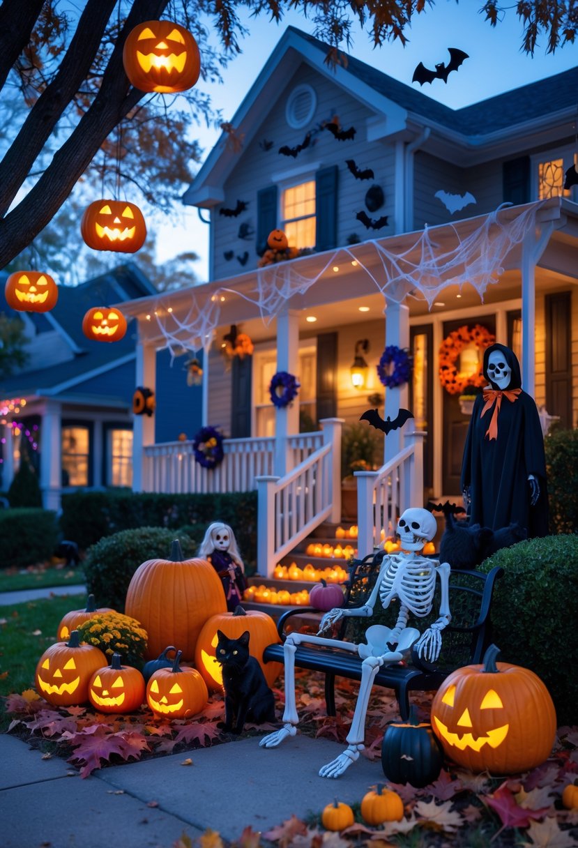 A front yard decorated with various Halloween decorations including carved pumpkins, ghost lanterns, cobwebs, skeletons, scarecrows, and string lights at dusk.