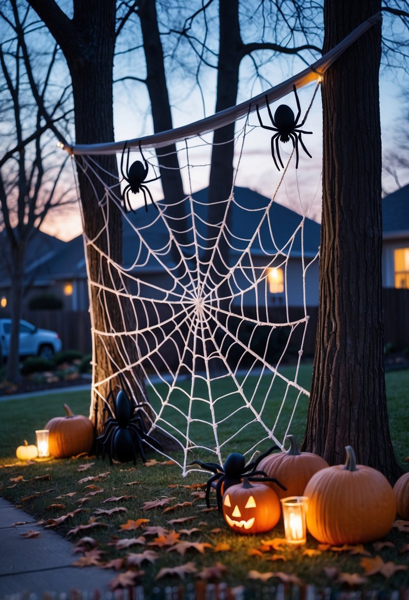 A large spiderweb stretched between trees in a backyard with realistic spiders and Halloween decorations like pumpkins and lanterns at twilight.