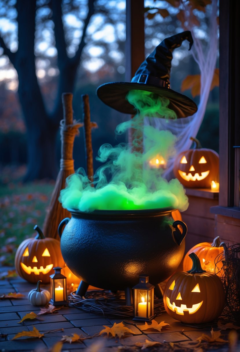 Outdoor Halloween scene with a bubbling cauldron surrounded by witch props and autumn decorations.