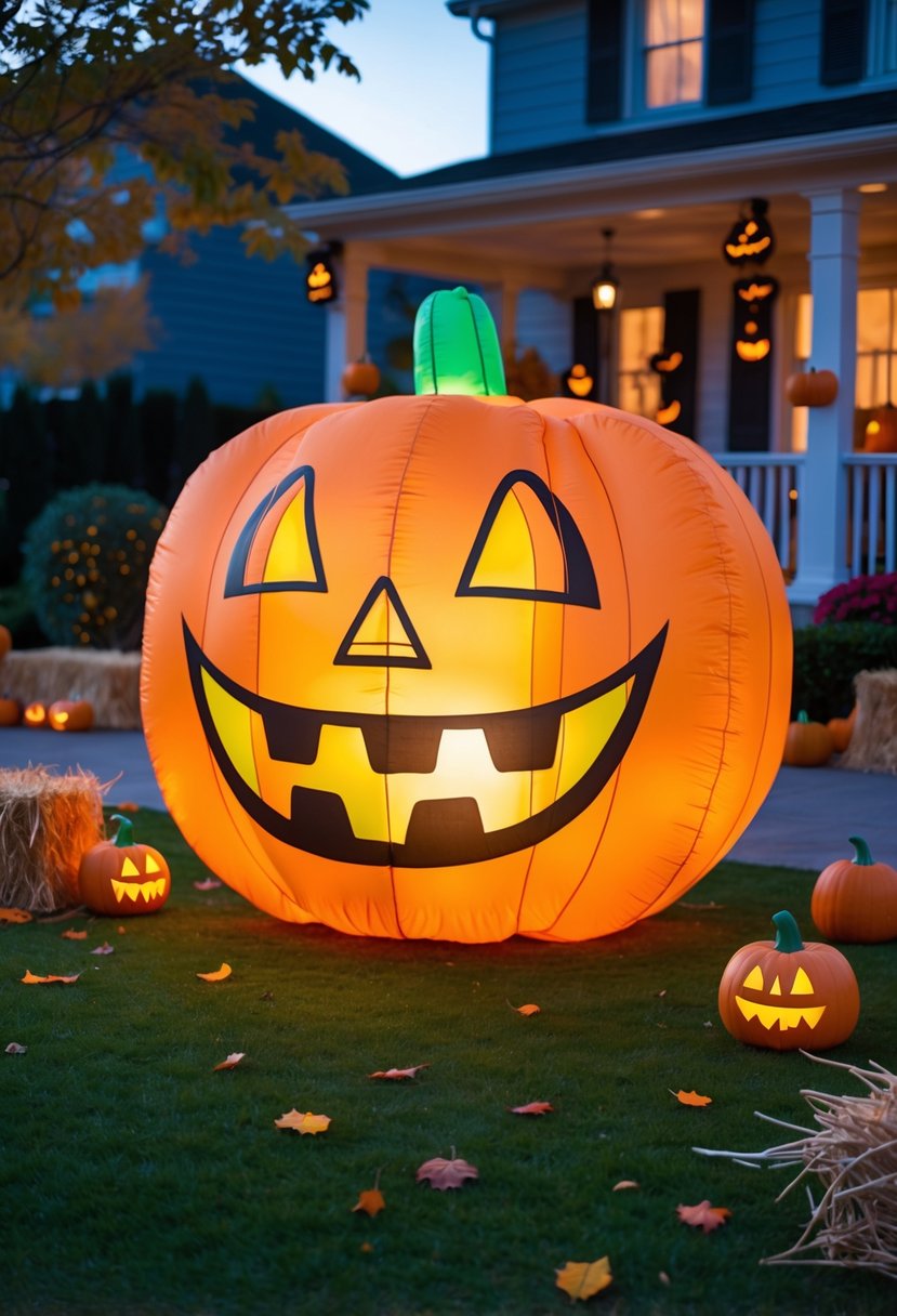 An inflatable Jack-o'-Lantern Halloween decoration on a lawn with autumn leaves and seasonal decorations in front of a house at dusk.