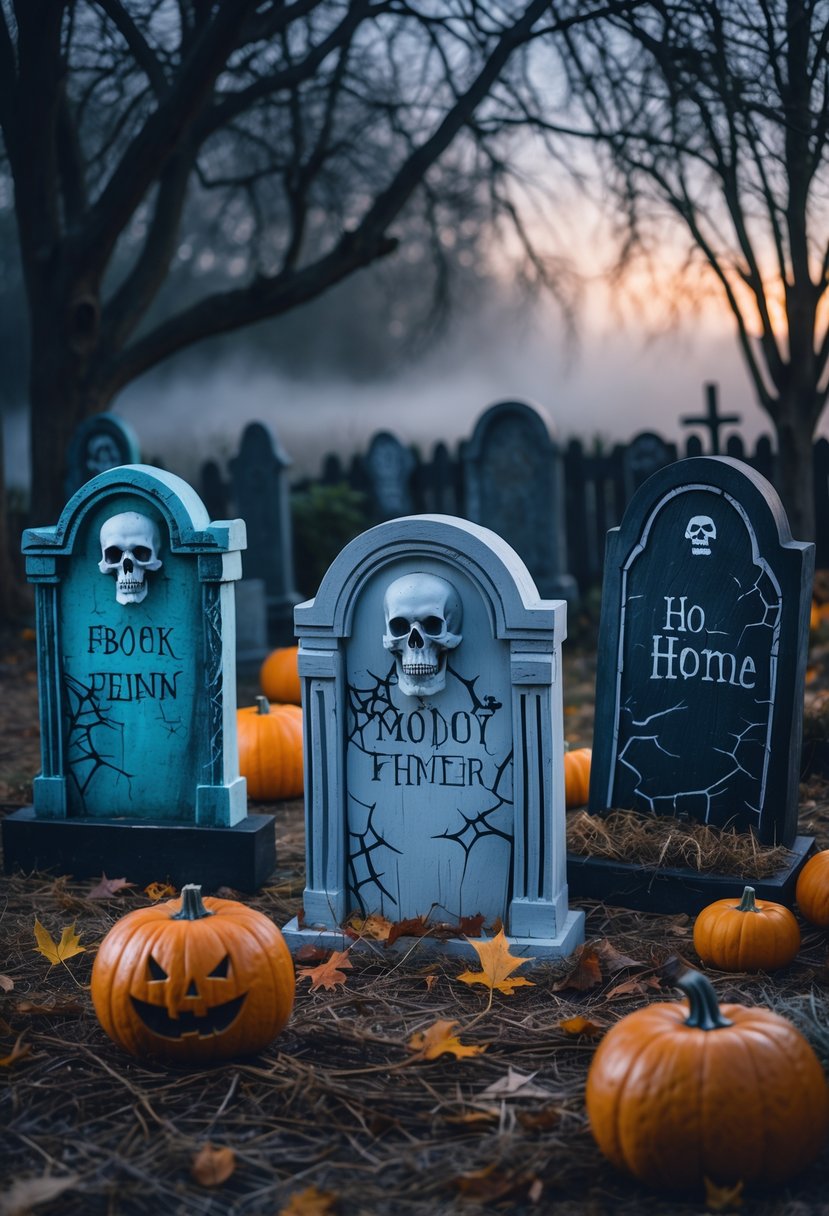 Outdoor Halloween yard with several DIY tombstones featuring spooky inscriptions surrounded by autumn leaves, pumpkins, and bare trees at dusk.