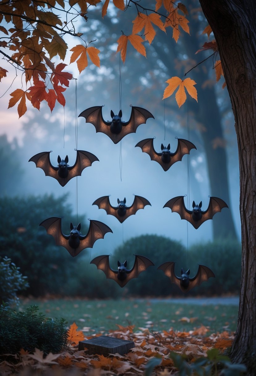A cluster of 18 hanging bats suspended from tree branches outdoors with autumn leaves and a foggy background.