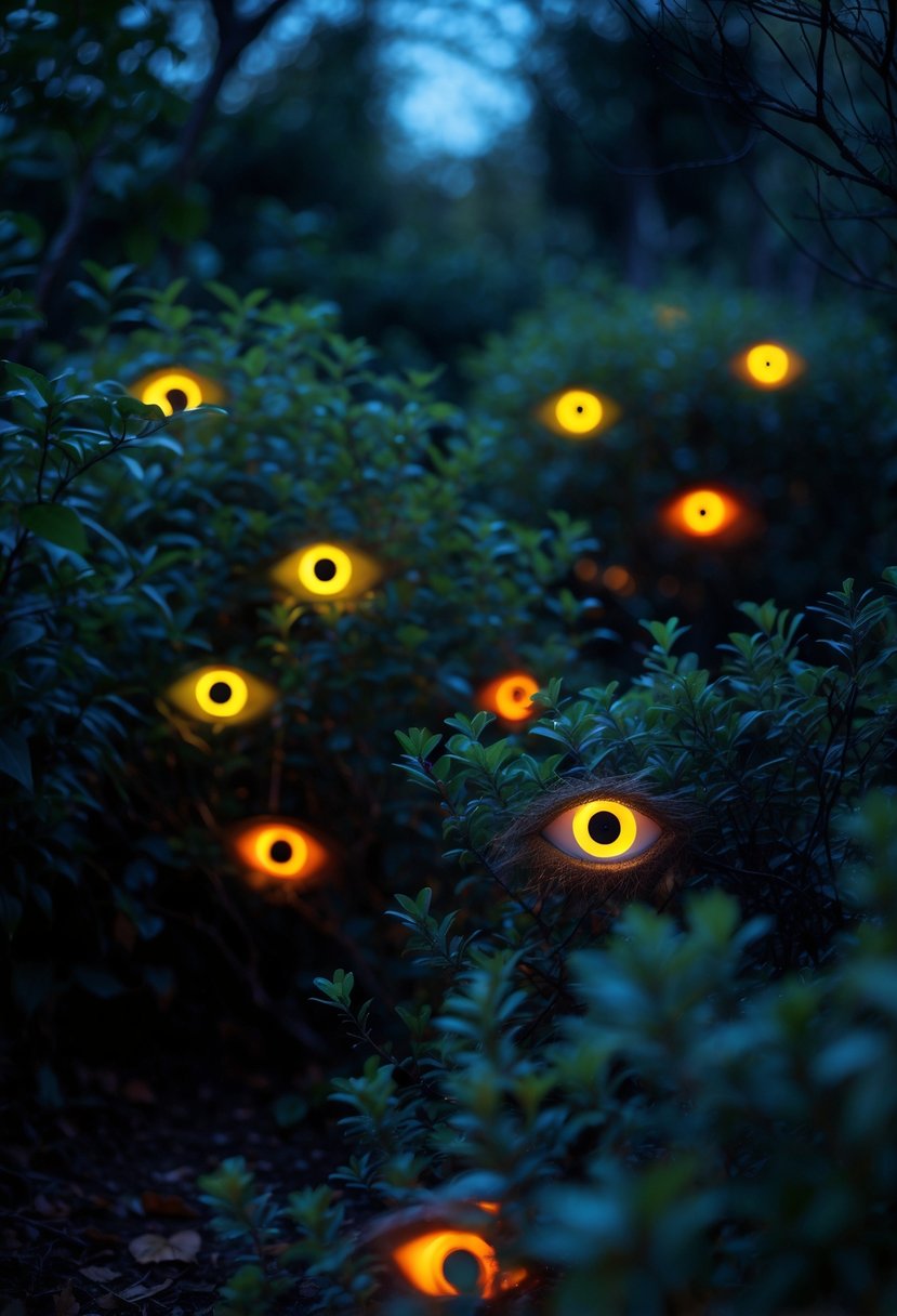 Dark garden shrubs with several pairs of glowing eyes shining from within the leaves at night.