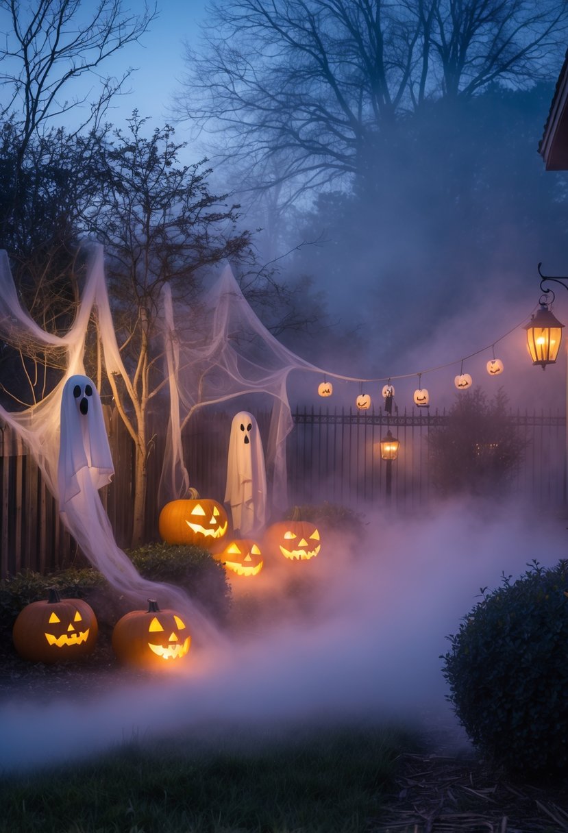 An outdoor Halloween yard decorated with glowing pumpkins, cobwebs, hanging ghosts, and a fog machine producing thick fog at dusk.