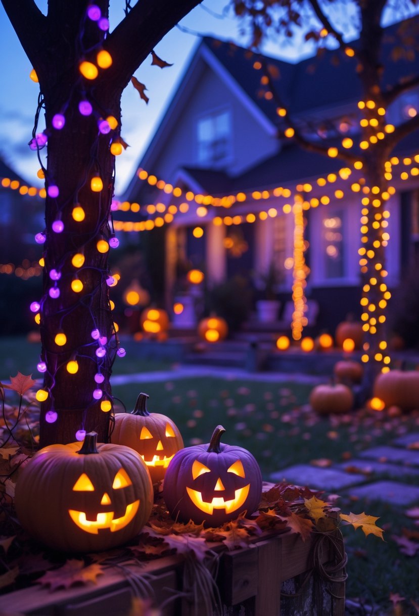 Outdoor backyard decorated with orange and purple string lights, pumpkins, and autumn leaves during Halloween.