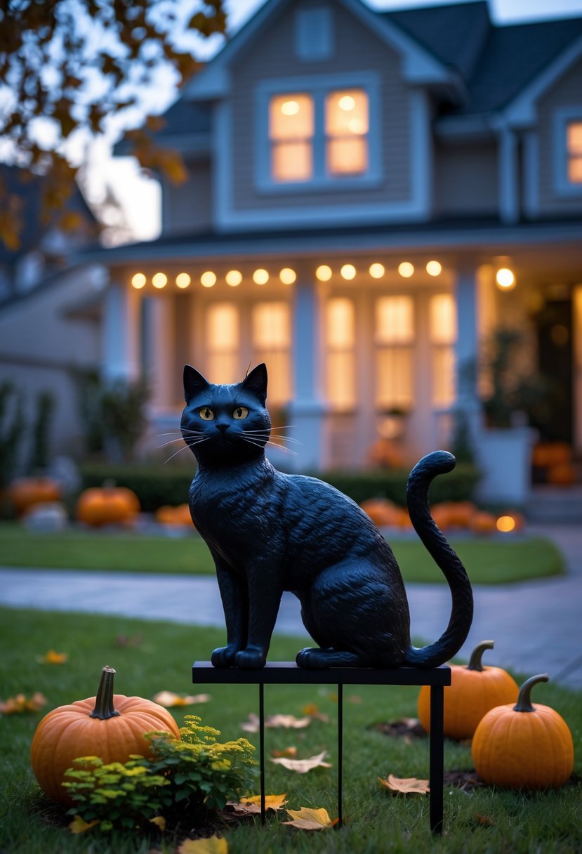 A black cat yard stake in a front yard decorated for Halloween with pumpkins and fallen leaves at twilight.
