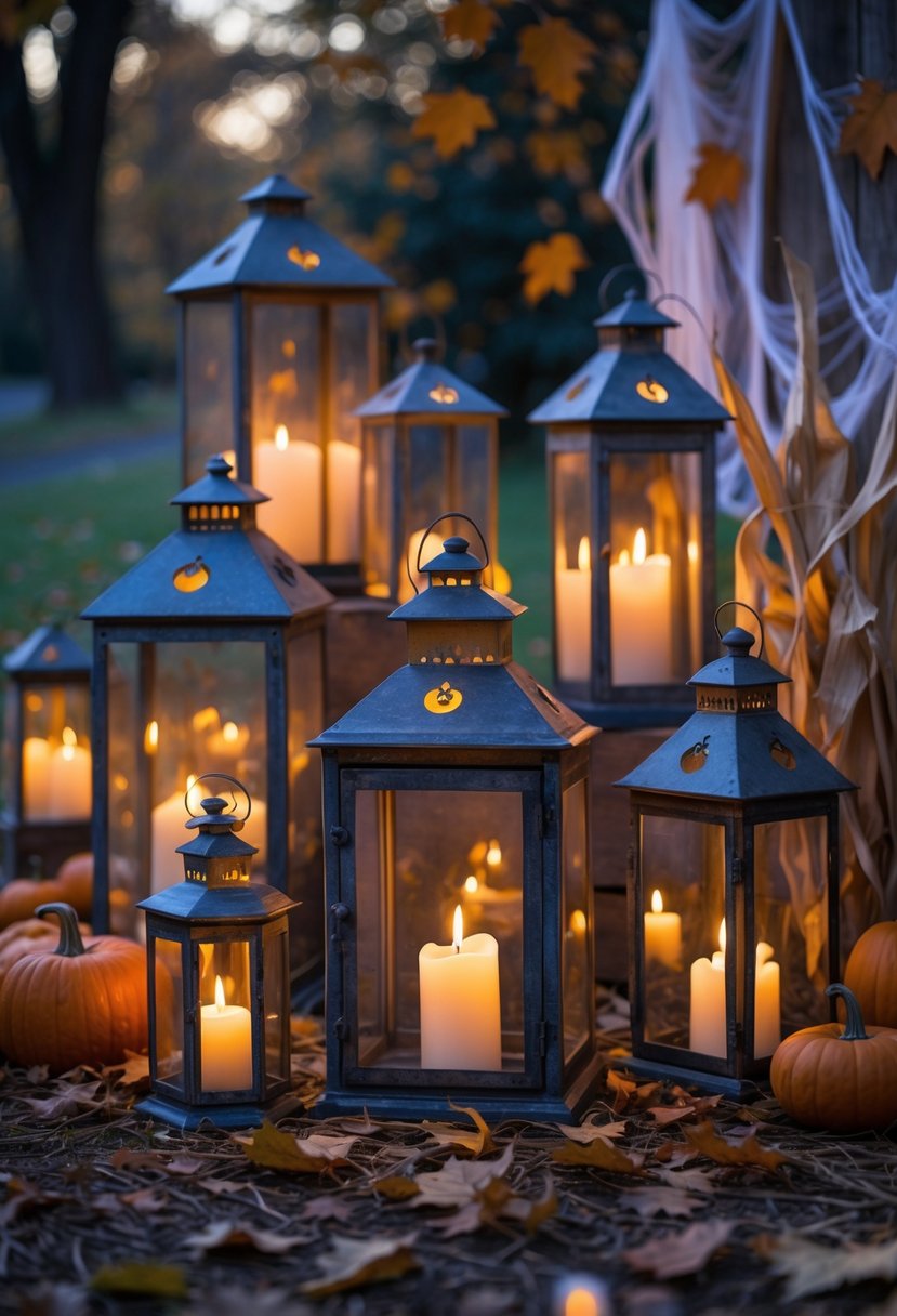 A group of vintage lanterns with flickering LED candles arranged outdoors with autumn leaves and small pumpkins.