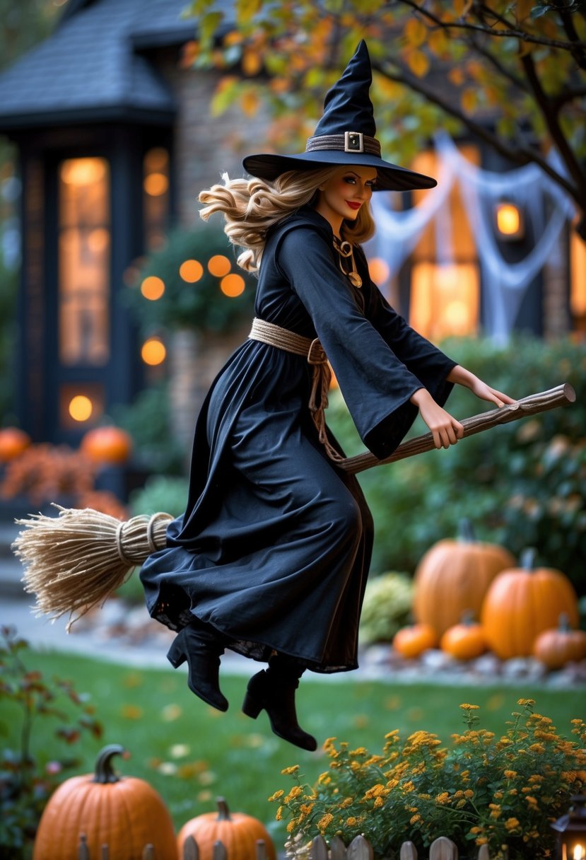 An outdoor Halloween decoration showing a witch figure on a broomstick surrounded by autumn leaves and pumpkins.