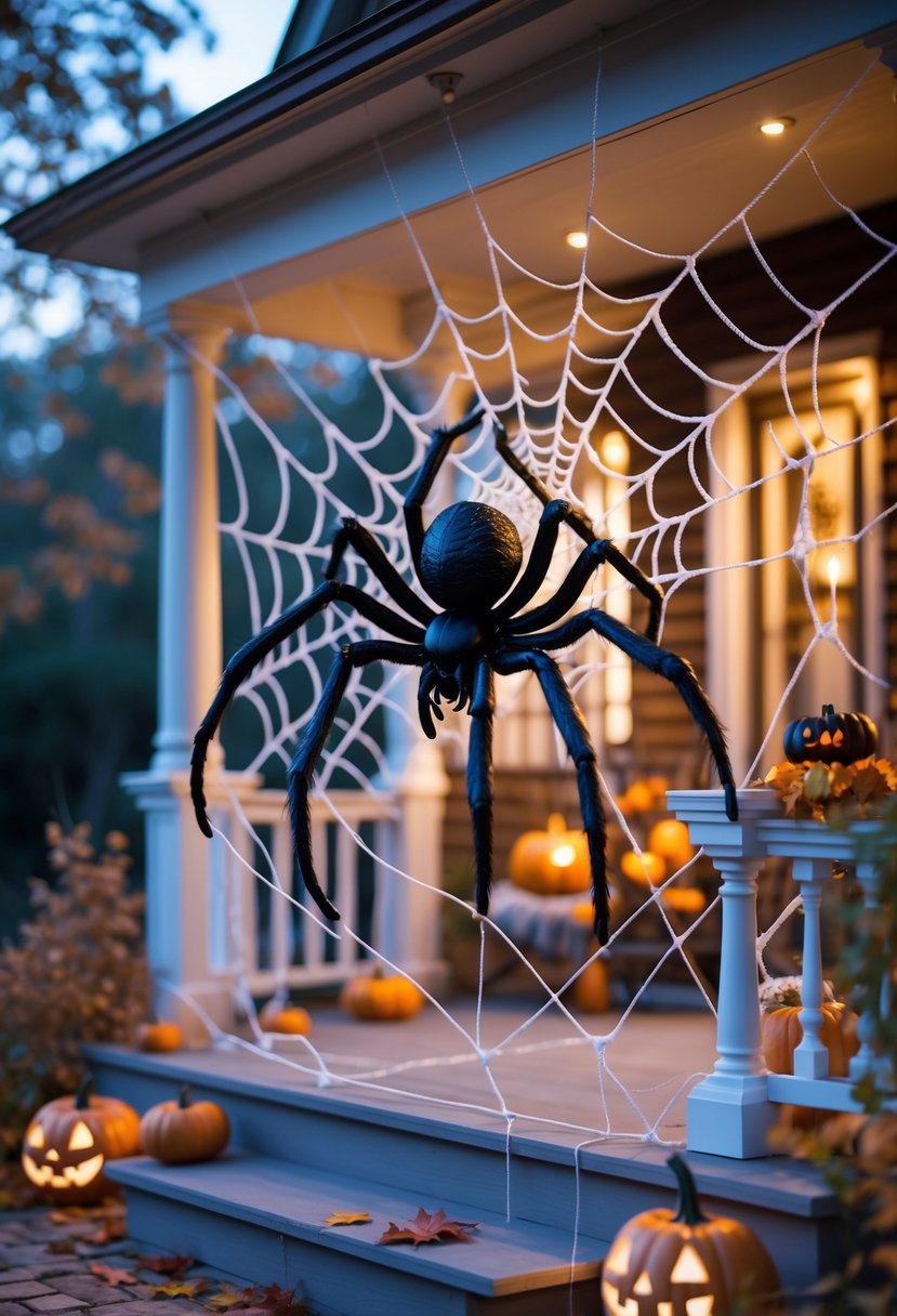 A porch decorated with spider webs and a large spider as part of Halloween decorations.