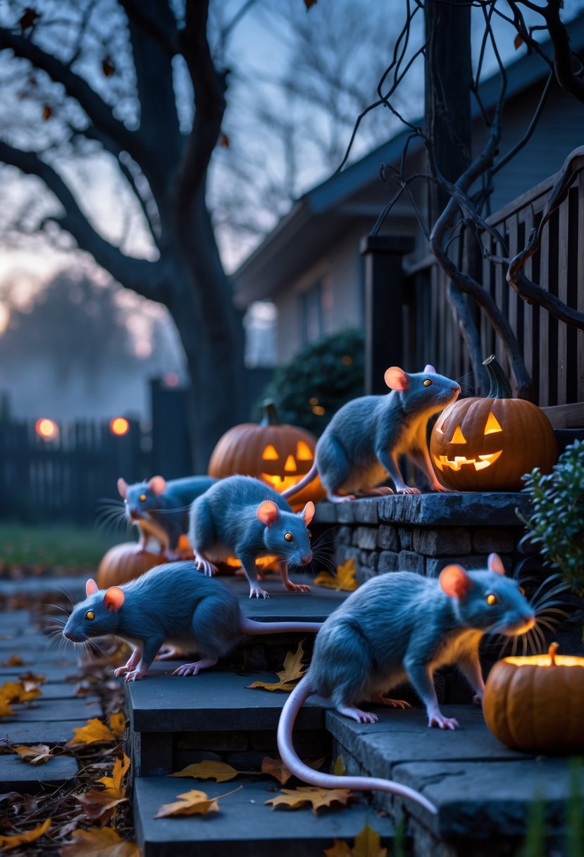 Outdoor Halloween scene showing realistic rat decorations crawling on pumpkins, fences, and garden plants with autumn leaves and fog in the background.
